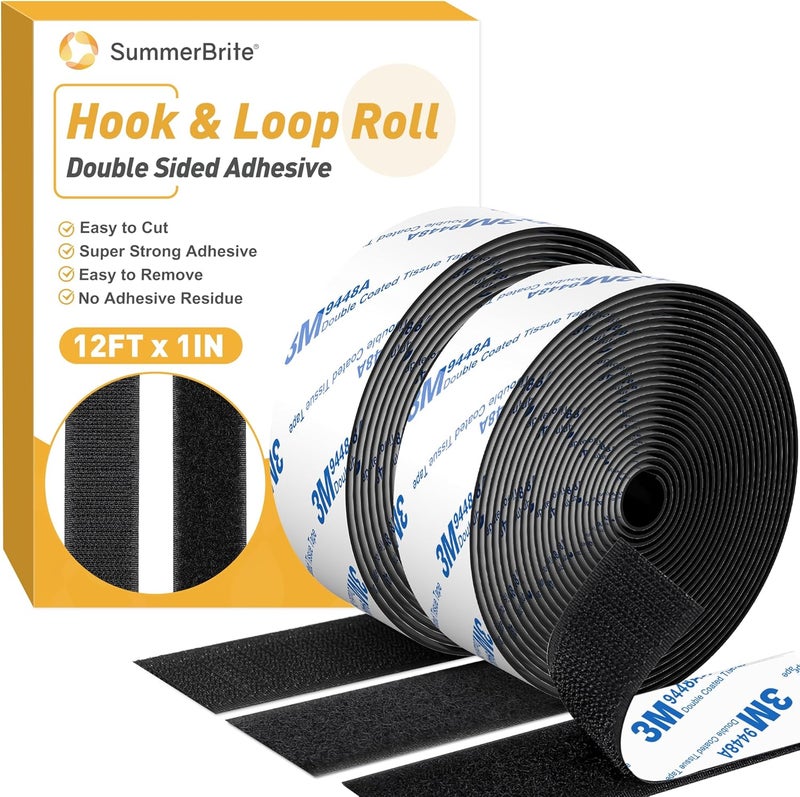 Summerbrite 12Ft x 1 Inch Hook and Loop Tape, Heavy Duty Double-Sided Adhesive Strips, Strong Sticky Back Fastener, Cuttable Interlocking Tape Fasteners for Home, Office, Car, School & DIY Crafts (Black) - Image 1